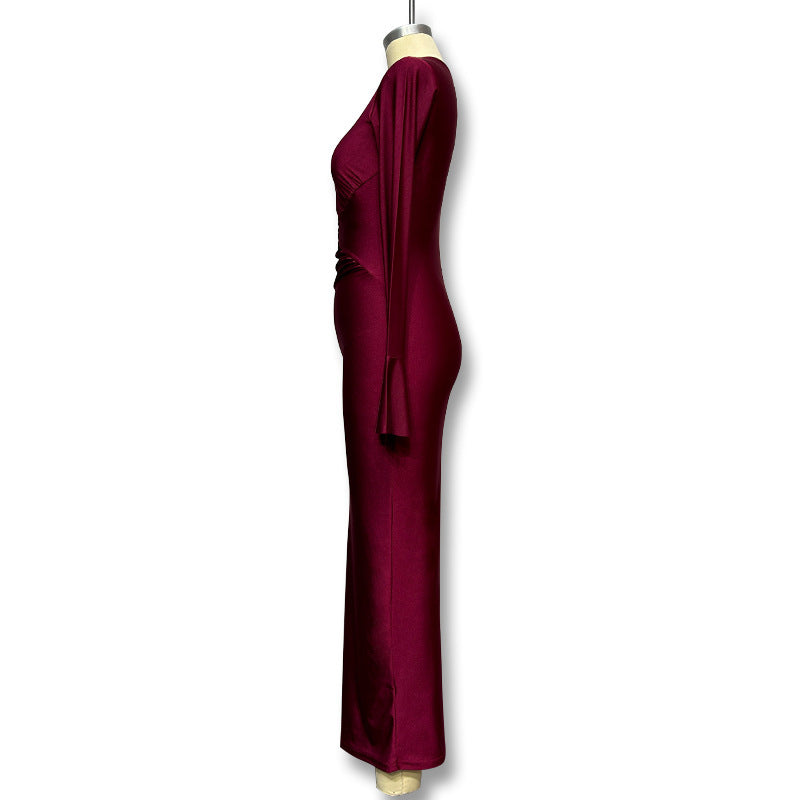 Solid Color Round Neck Right-angle Shoulder Bell Sleeve Pleated Slim-fit Sheath Ladies Dress