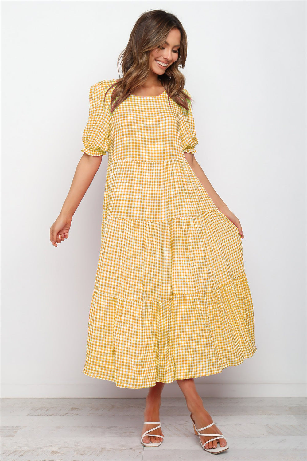 Puff Sleeves Plaid Polka Dot Stitching Loose Dress Long Skirt