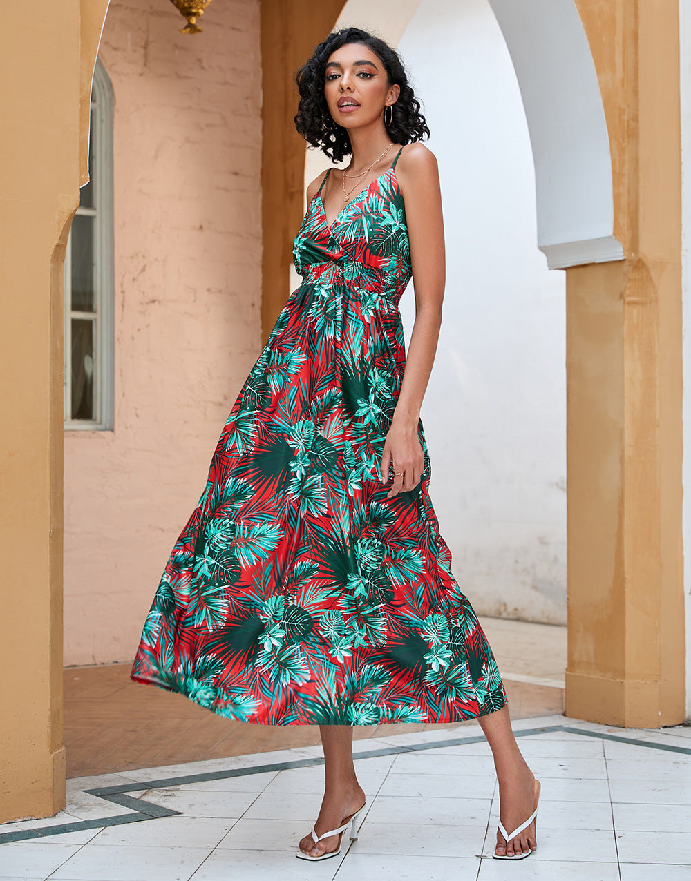 Women's Printed Waist-controlled Mid-length Sling Dress