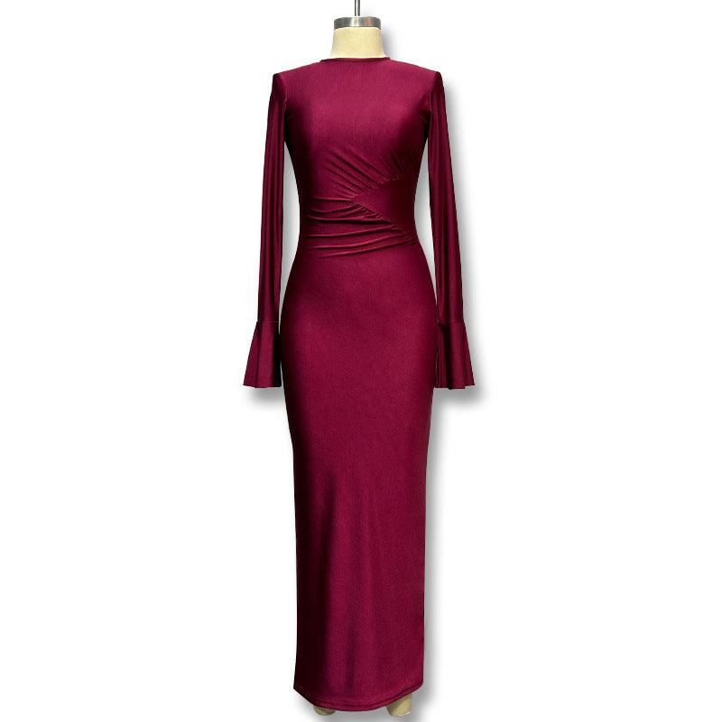 Solid Color Round Neck Right-angle Shoulder Bell Sleeve Pleated Slim-fit Sheath Ladies Dress