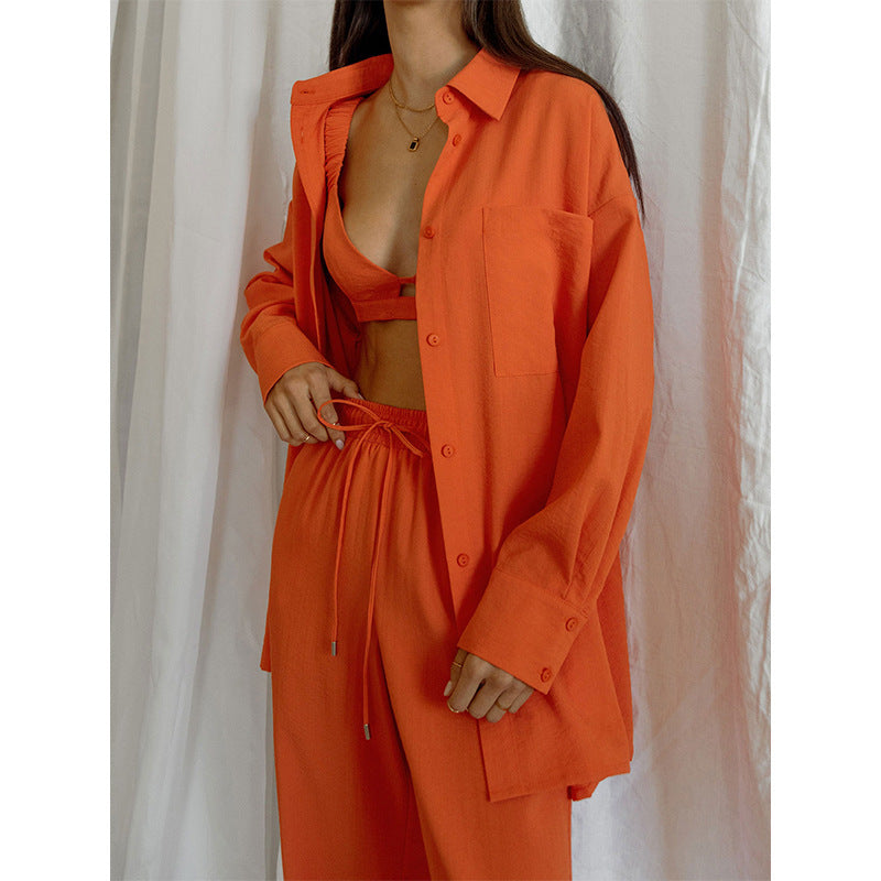 Women's Casual Loose Shirt High Waist Trousers Two Piece Set