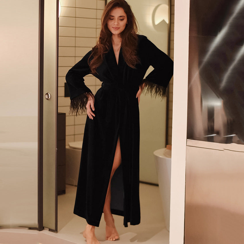Women's Black Long-sleeved Bathrobe Cardigan