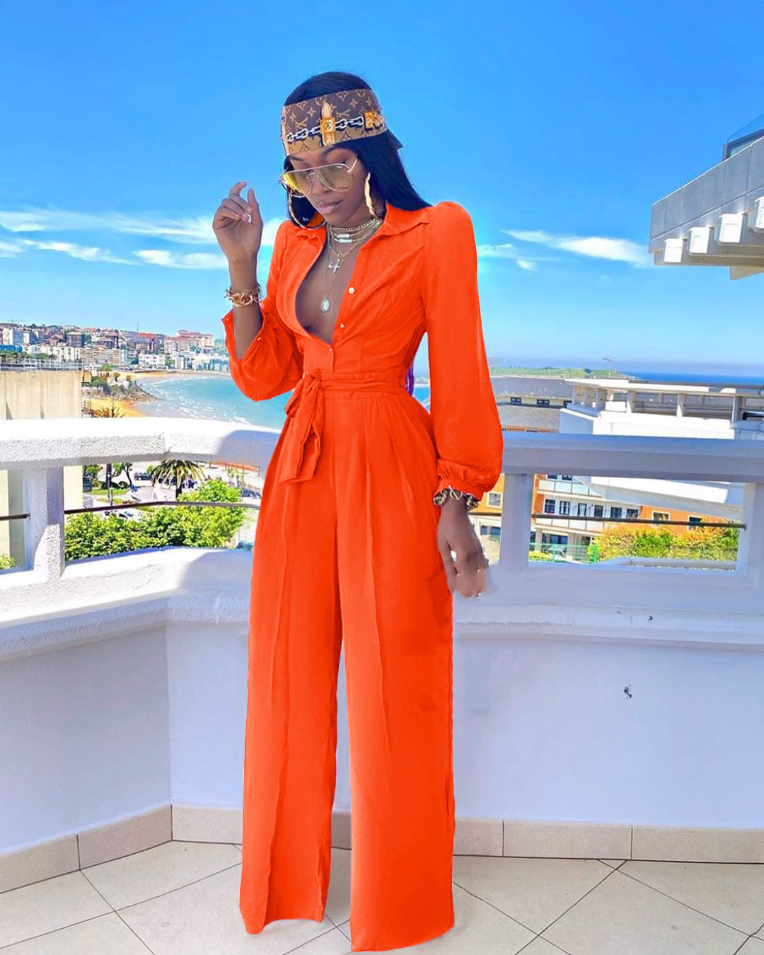 Fashion Solid Color Casual Shirt Collar Jumpsuit With Belt