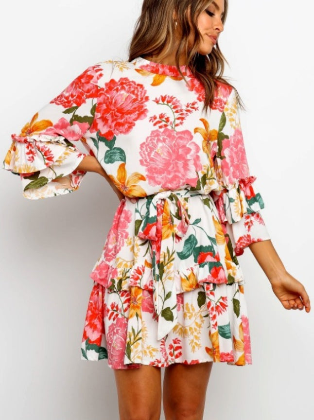 Fashion print round neck long sleeve dress