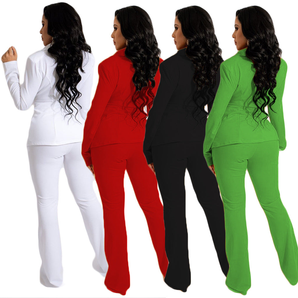 Solid Color Professional V Neck Fashion Women's Two Piece Set