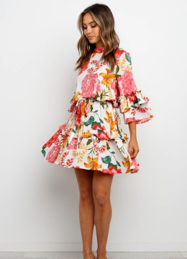 Fashion print round neck long sleeve dress