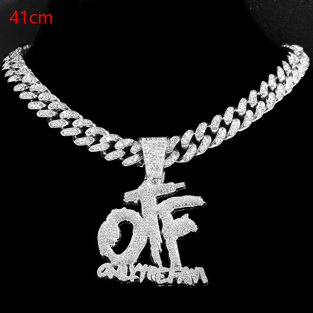 Domineering Cool Trendy Patchwork Letter Pendant Necklace Diamond-embedded Trendy Shiny OTF Pendant Cuban Necklace