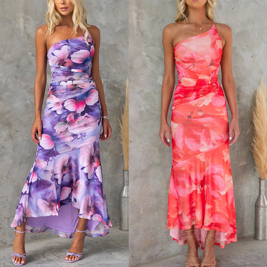 European And American Oblique Shoulder Printing Elastic Lining Dress INS Casual