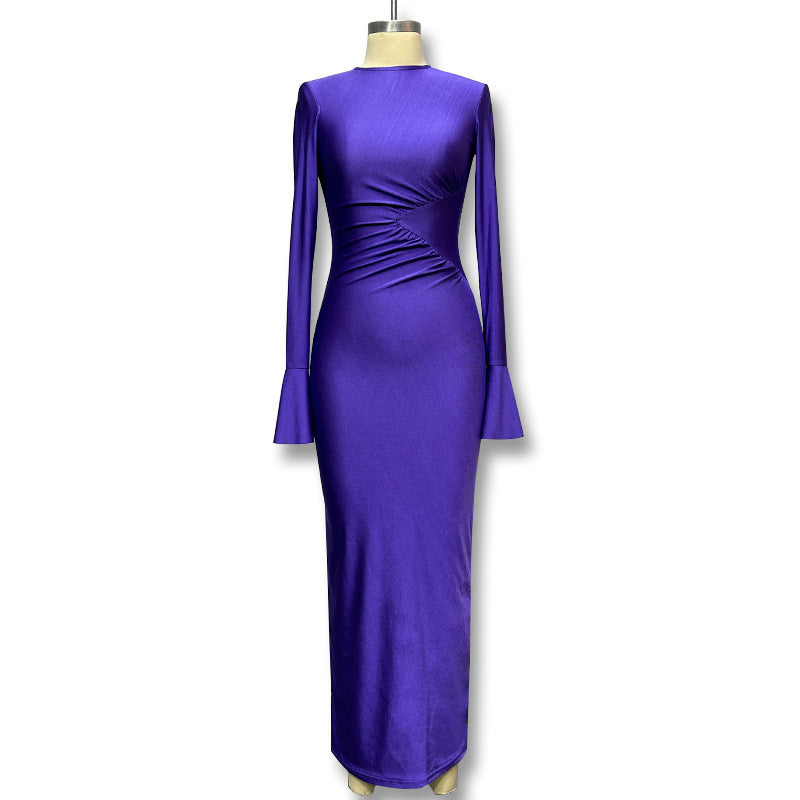 Solid Color Round Neck Right-angle Shoulder Bell Sleeve Pleated Slim-fit Sheath Ladies Dress