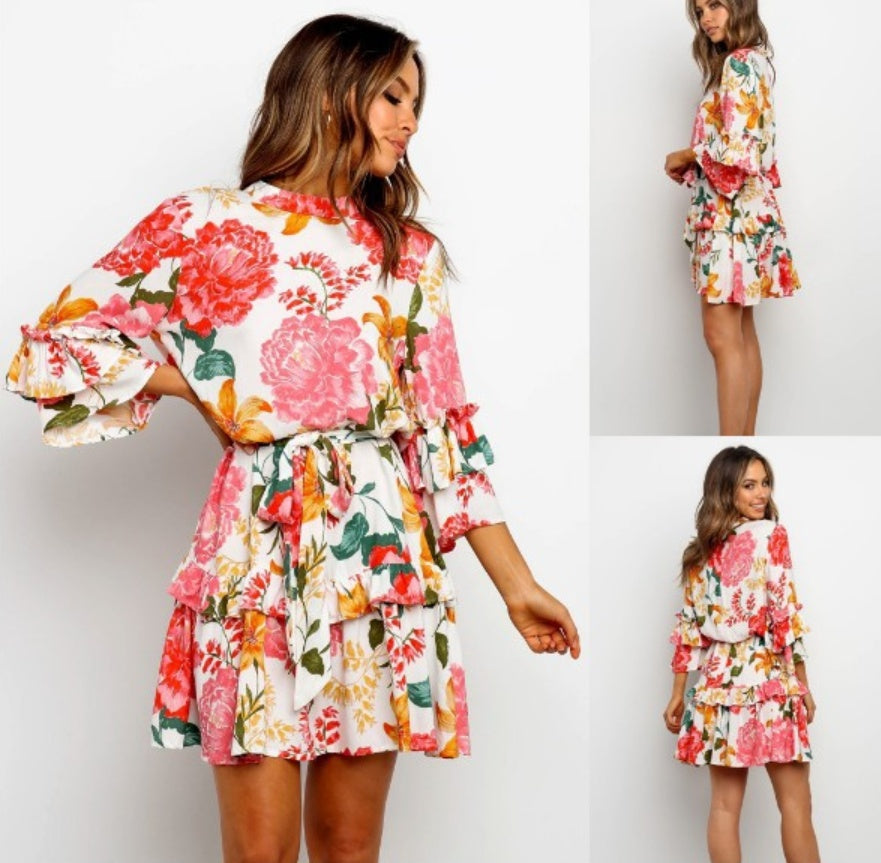 Fashion print round neck long sleeve dress
