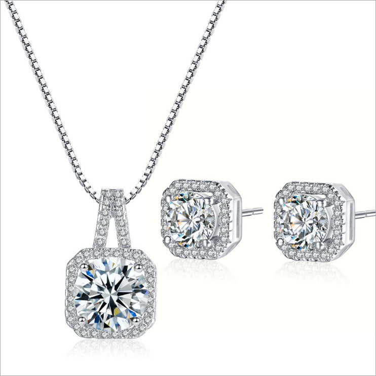 Stylish Simple Zircon Square Diamond Collarbone Chain Earring Set