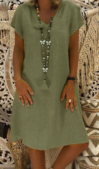 European And American Print Short-sleeved V-neck Mid-length Dress