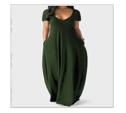Women's solid color sexy deep V short sleeve long skirt