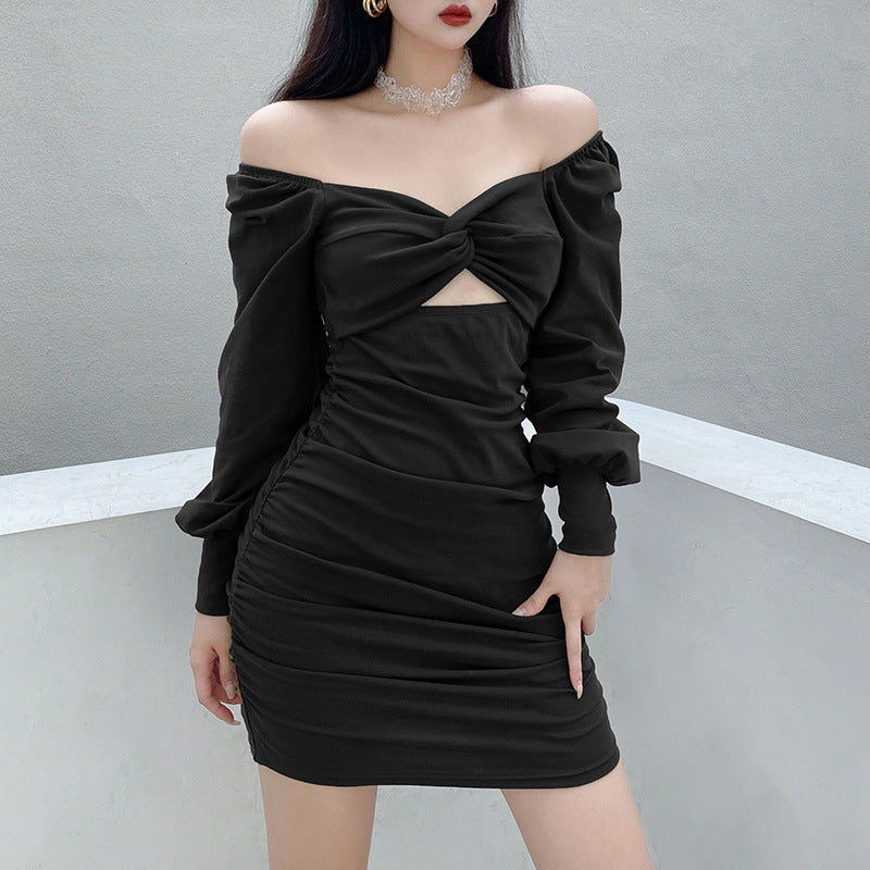 Design Twist Chest Cutout Puff Sleeve Pleats Dress