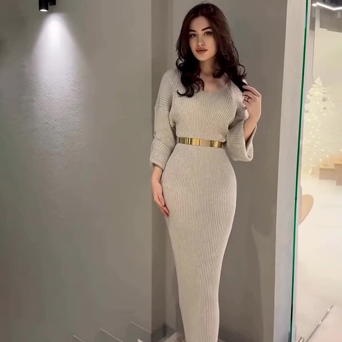 Knitted Pullover V-neck Long Slim Fit Dress