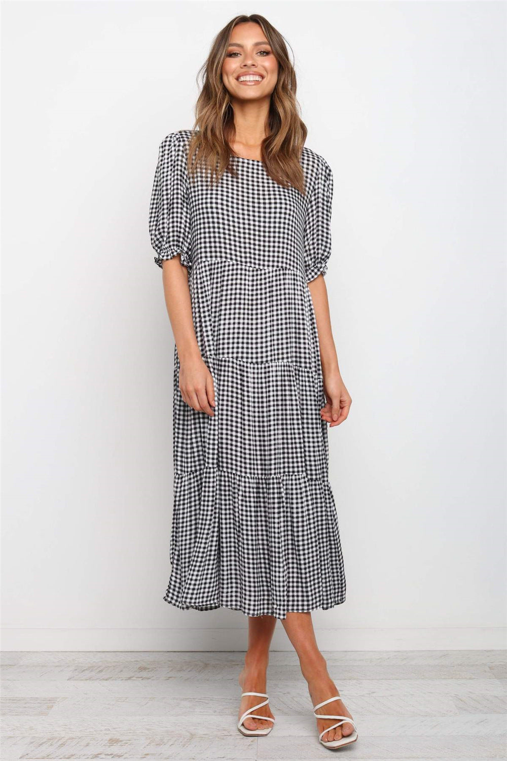Puff Sleeves Plaid Polka Dot Stitching Loose Dress Long Skirt