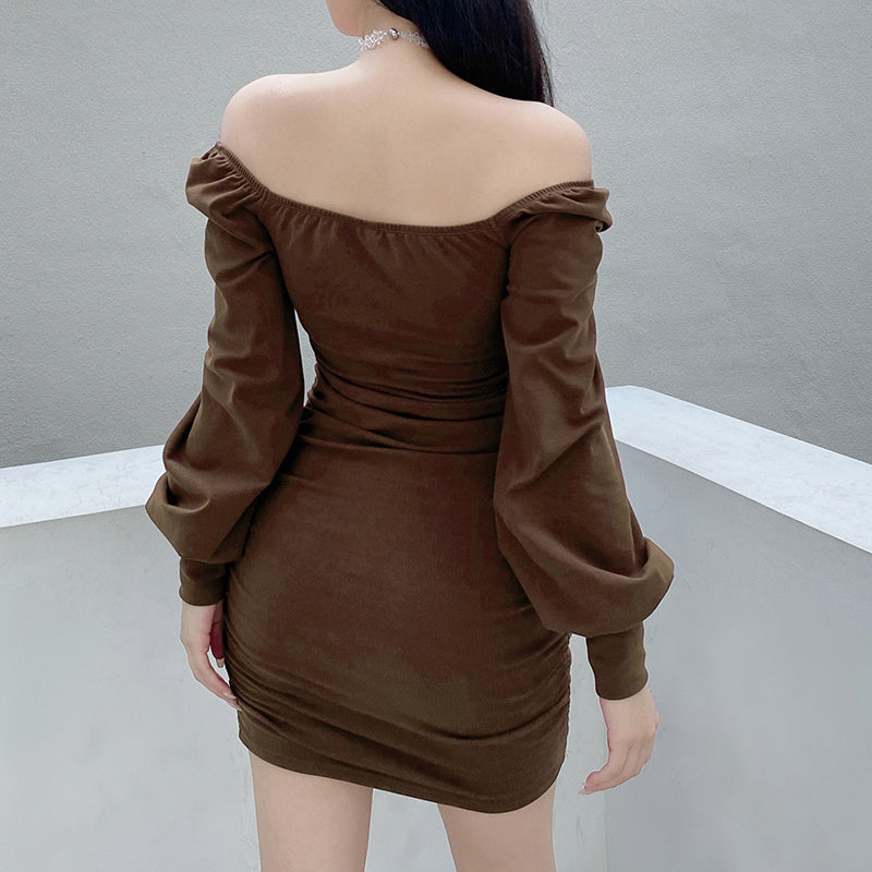 Design Twist Chest Cutout Puff Sleeve Pleats Dress
