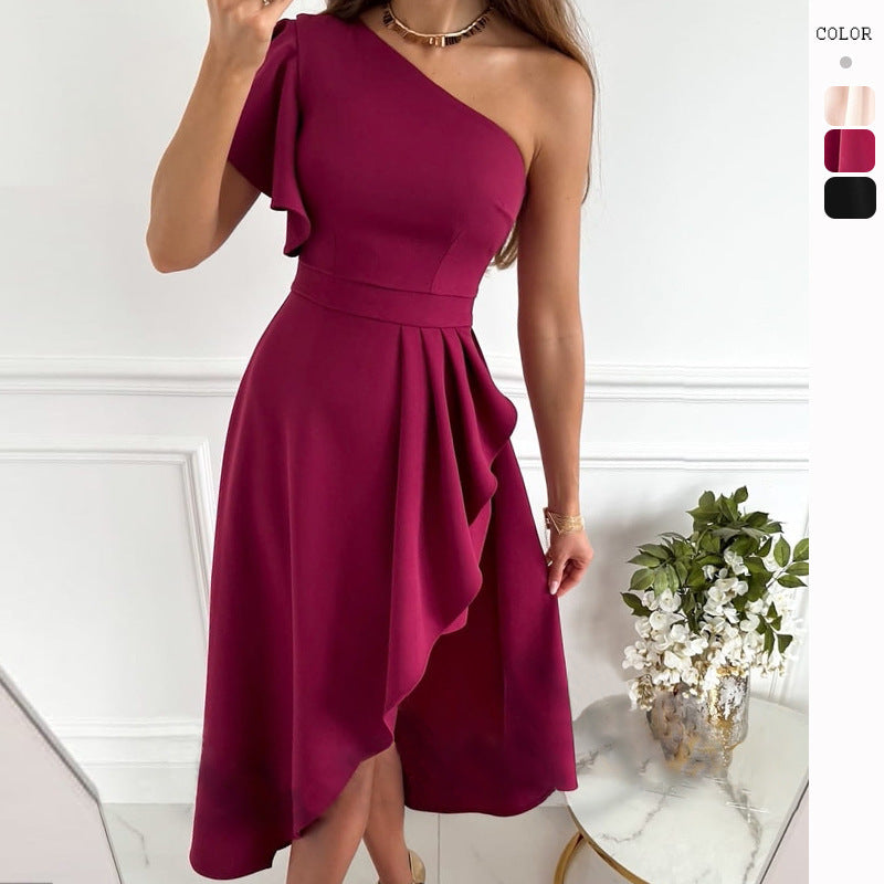Women's Solid Color Slim-fit Oblique Shoulder Irregular Dress