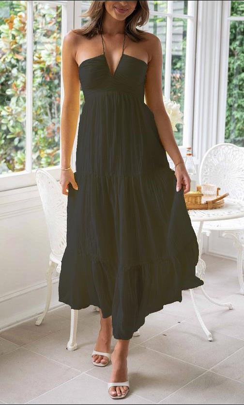 V-neck Brace Long Stitching Dress Elegant Shoulder-baring Sleeveless Hanging