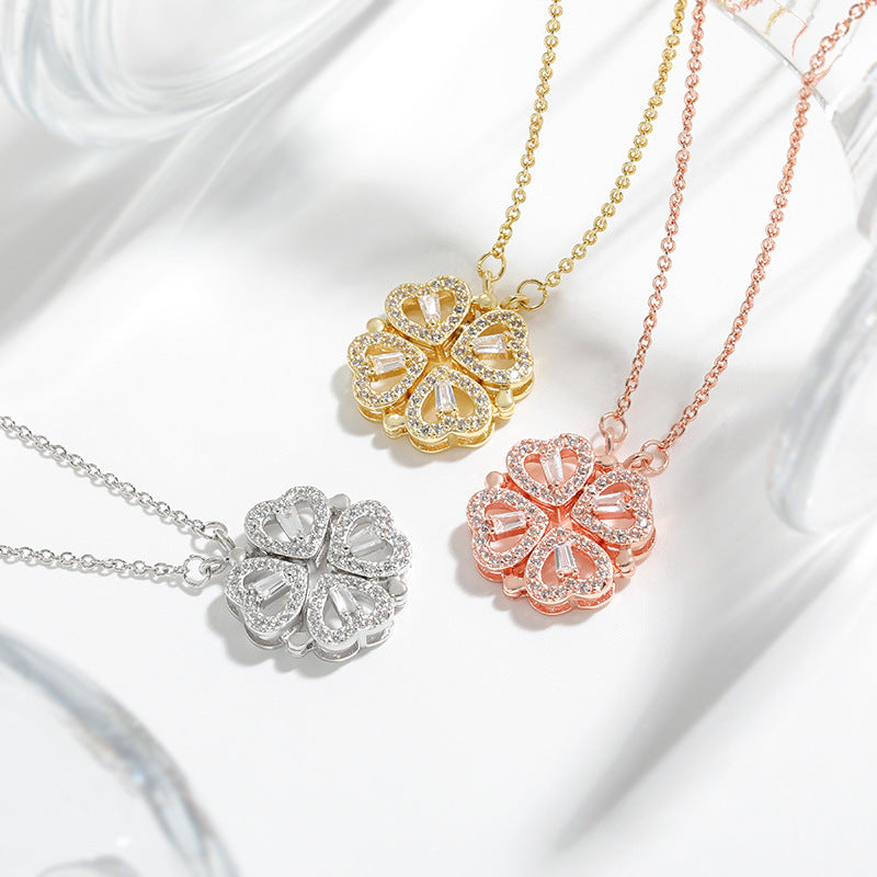 Dual-wear-style Love Heart Flowers Heart-shaped Four-leaf Clover Necklace
