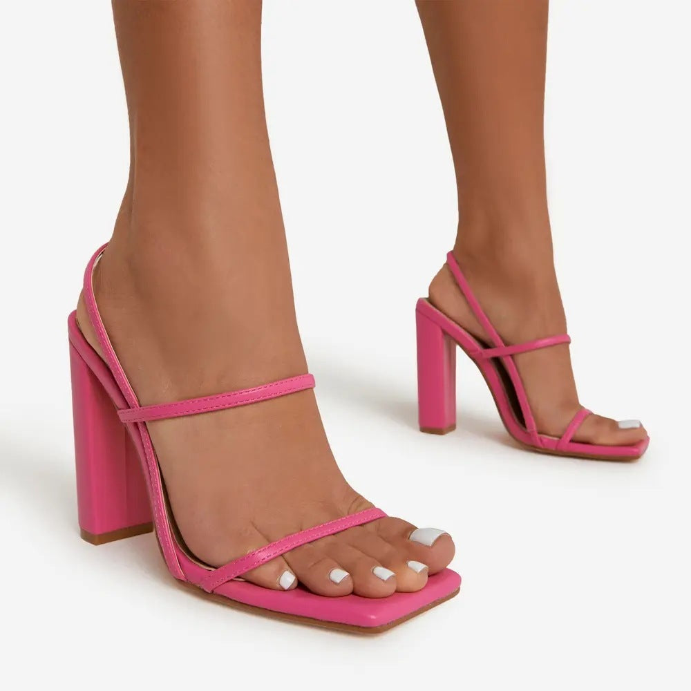 Women's Casual Square Toe PU Thin Strap Thick Heel High Heels Slippers