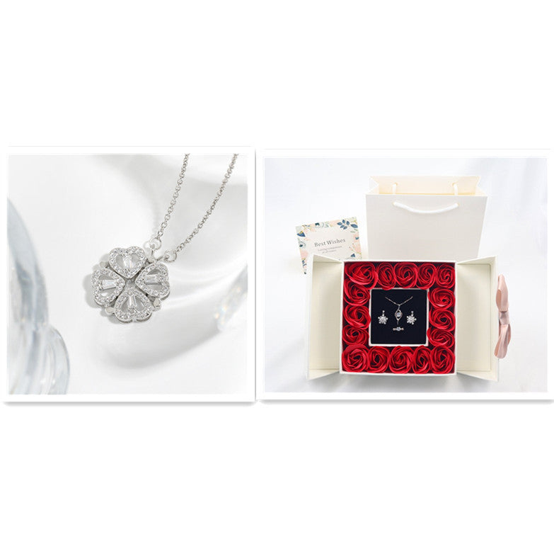 Dual-wear-style Love Heart Flowers Heart-shaped Four-leaf Clover Necklace