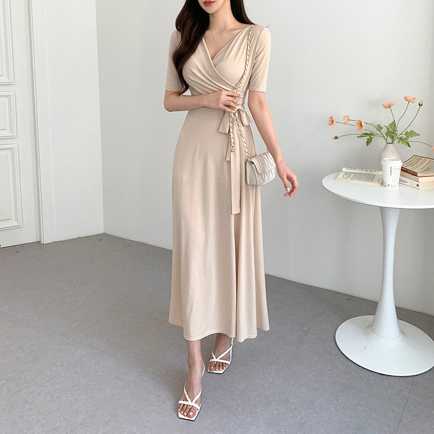 Slimming Lace Up Pure Color Split Short Sleeve Overknee Dress