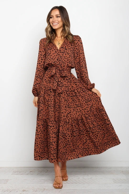 Autumn V-neck Leopard Print Long-sleeved Loose Dress Long Dress Women