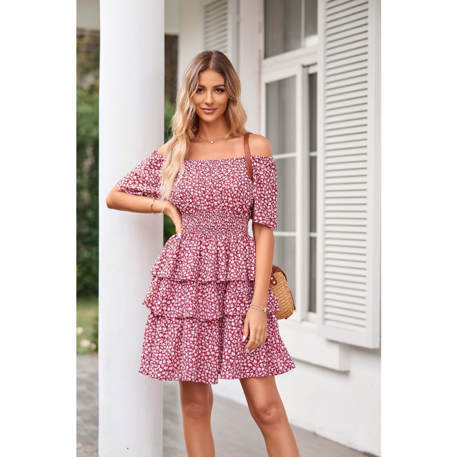 Women's Floral Skirt Square Collar Short Sleeve Layered Pleated Bohemian Dress