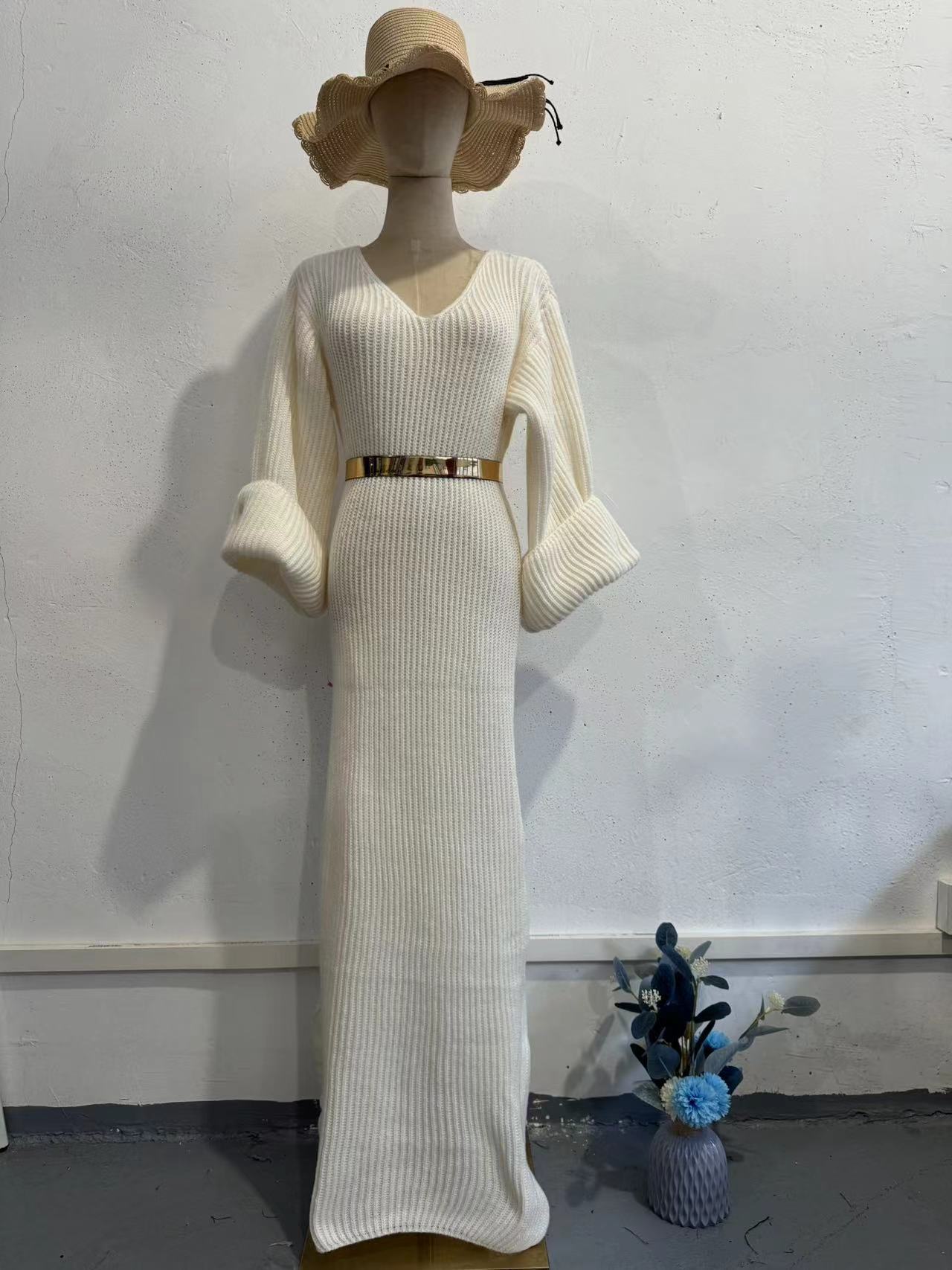 Knitted Pullover V-neck Long Slim Fit Dress