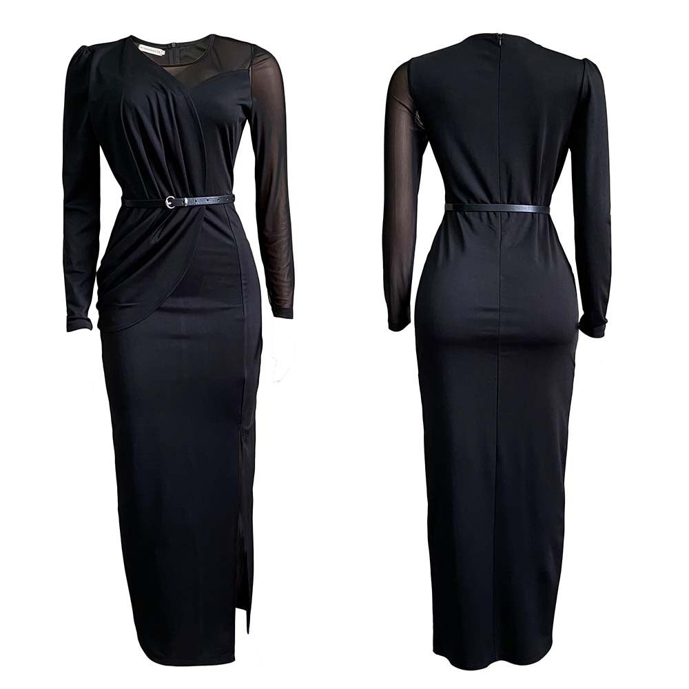 Women's Mesh Stitching Solid Color Long Dress