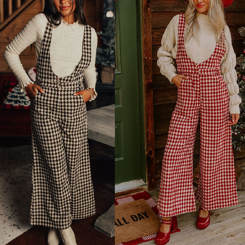 Women's Printed Plaid Loose Suspender Wide-leg Trousers For Autumn And Winter