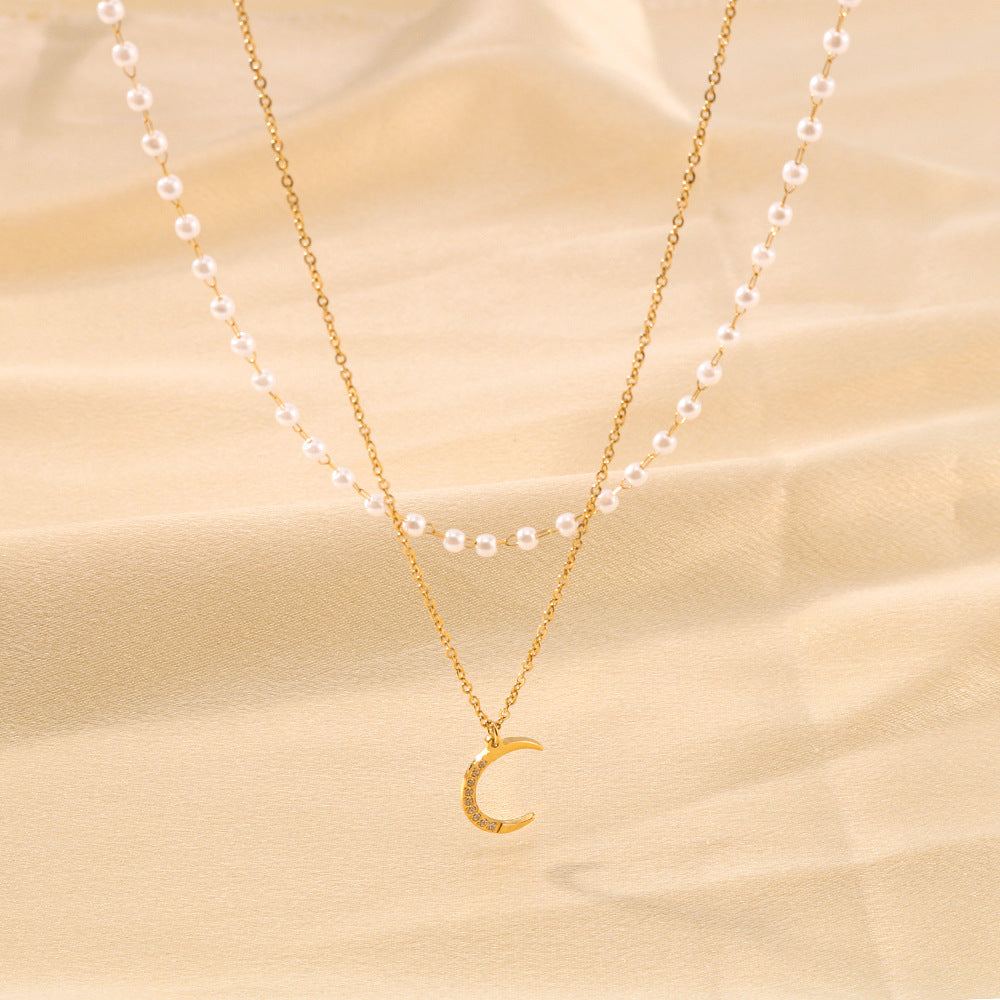 Multi-layer Crescent-shaped Pearl Zircon-inlaid Pendant Necklace
