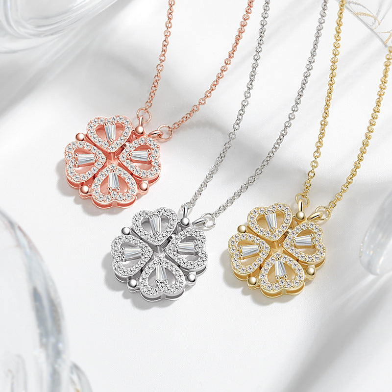 Dual-wear-style Love Heart Flowers Heart-shaped Four-leaf Clover Necklace