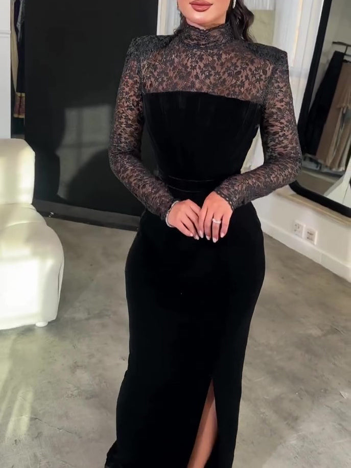 Black Long Sleeve Lace Velvet Bodycon Dress Two Piece Set
