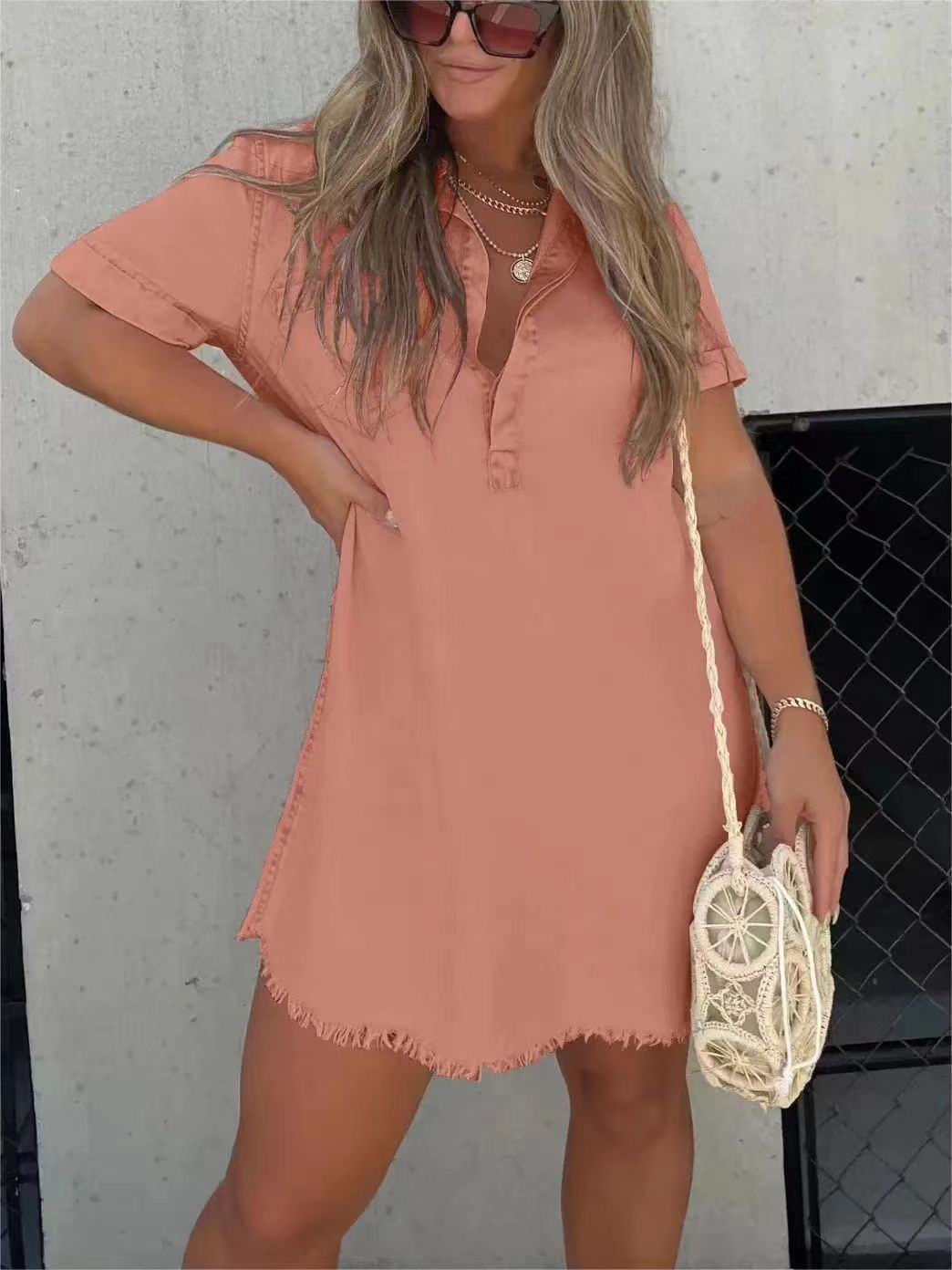 Casual Polo Collar Short Sleeve Denim Skirt Women's Retro Style Commuter Dress