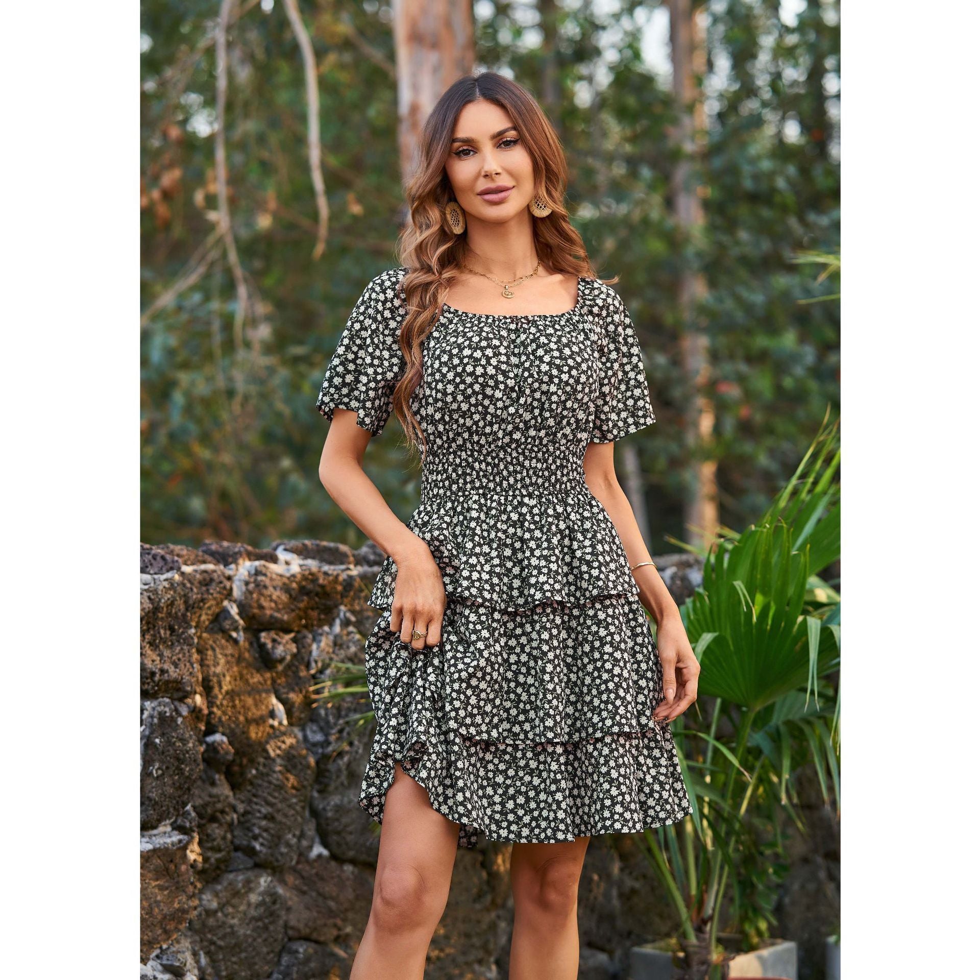 Women's Floral Skirt Square Collar Short Sleeve Layered Pleated Bohemian Dress