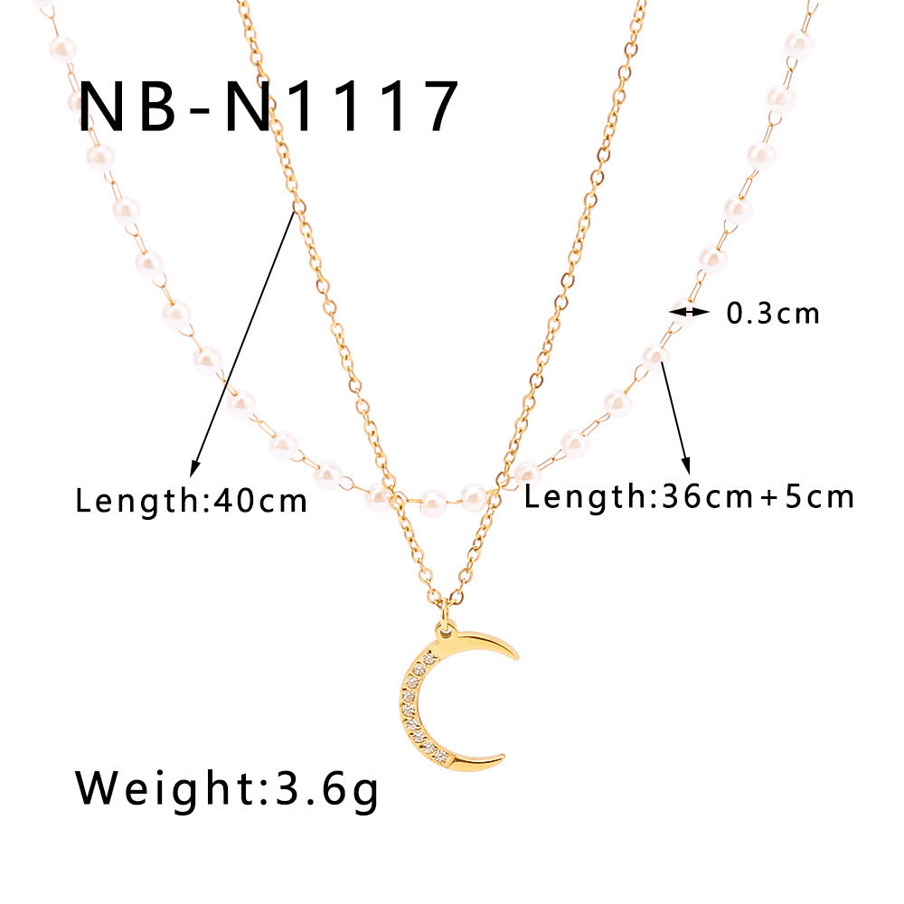Multi-layer Crescent-shaped Pearl Zircon-inlaid Pendant Necklace