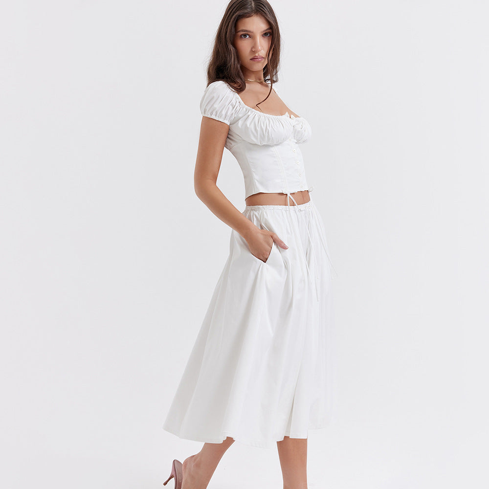 Square Collar Puff Sleeve Short Midriff-baring Top Skirt Suit