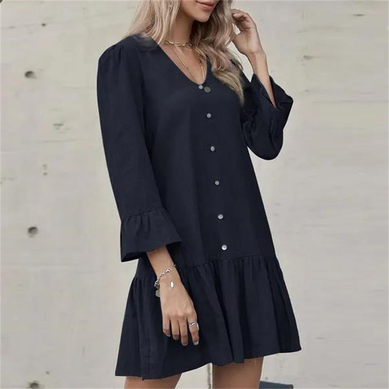 Women's Button Pleated Bell Sleeve Cotton And Linen Dress