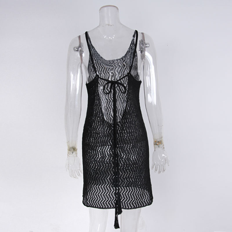 Hollow Suspender Dress Solid Color Sun Protection Holiday Blouse