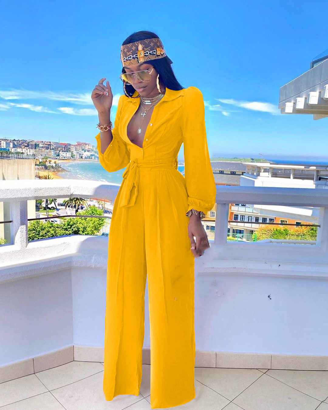 Fashion Solid Color Casual Shirt Collar Jumpsuit With Belt