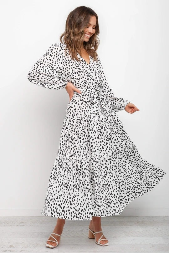 Autumn V-neck Leopard Print Long-sleeved Loose Dress Long Dress Women
