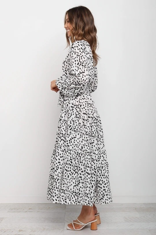 Autumn V-neck Leopard Print Long-sleeved Loose Dress Long Dress Women