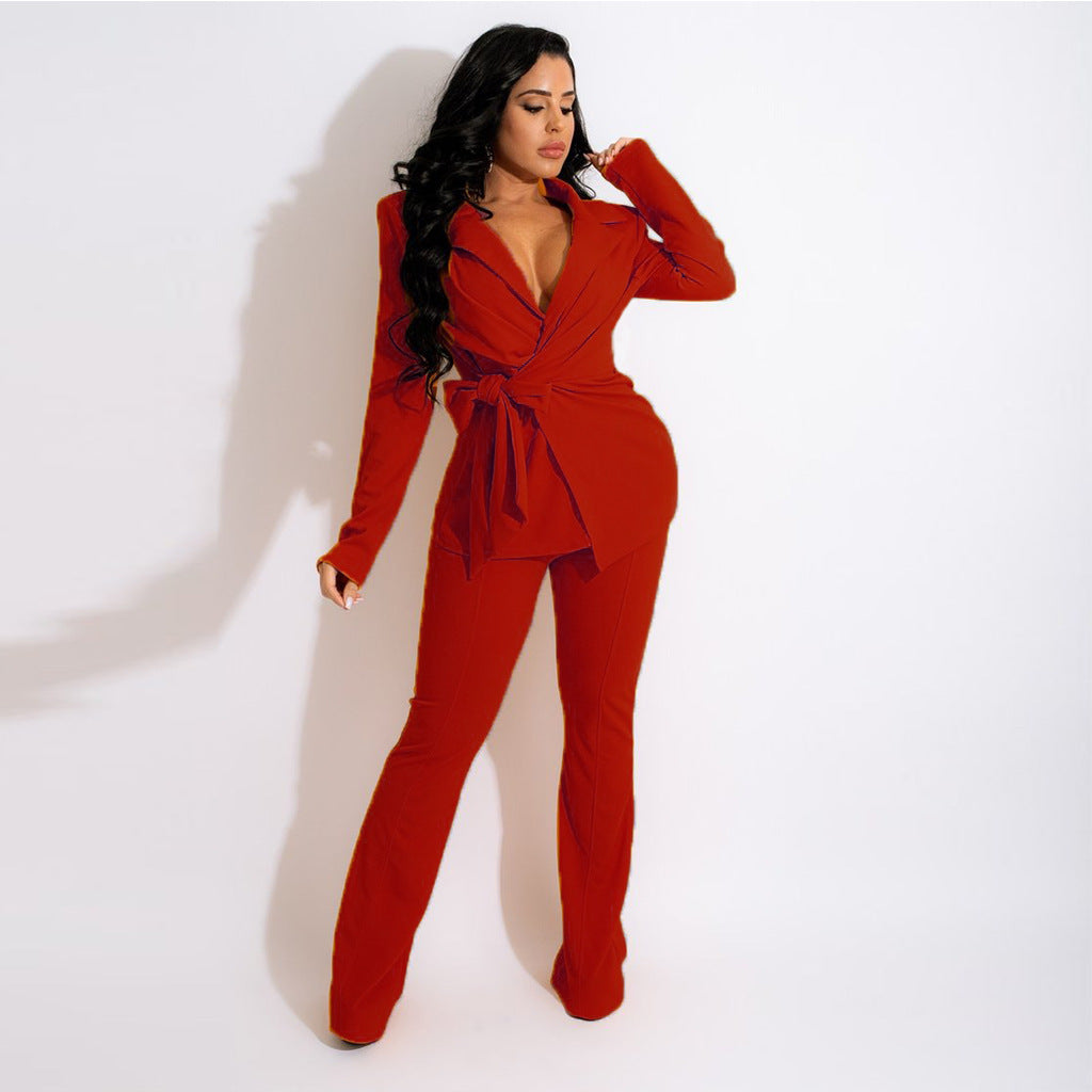 Solid Color Professional V Neck Fashion Women's Two Piece Set