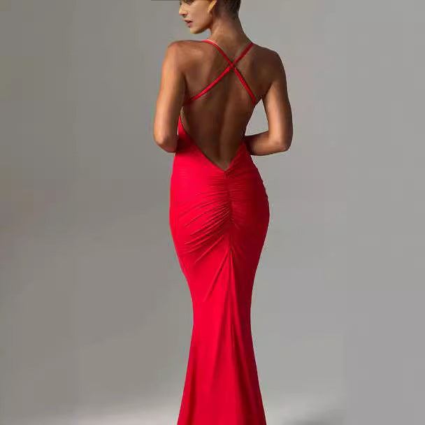 Women's Backless Cross Shoulder Strap Pleated Dress