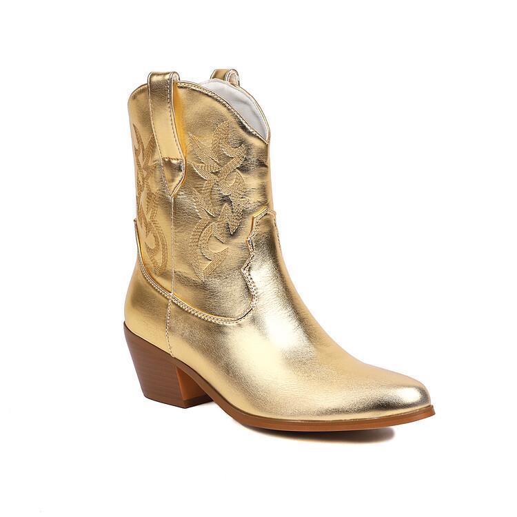 Mirror Patent Leather Embroidery Knee-high Boots Pointed Mid-calf Embroidery Chunky High Heel