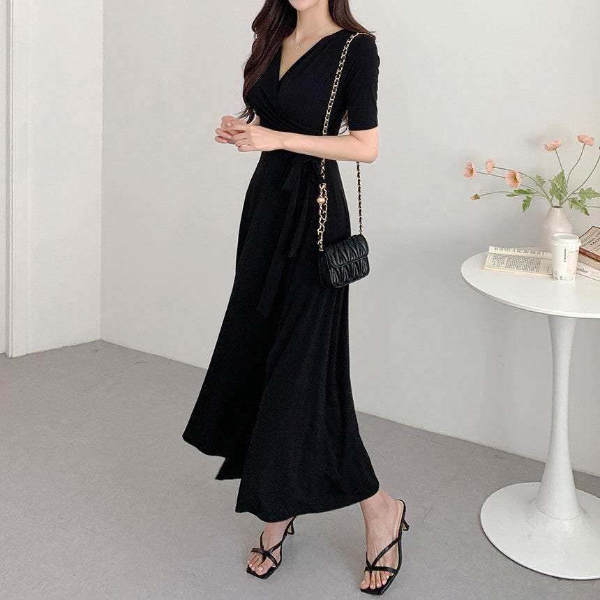 Slimming Lace Up Pure Color Split Short Sleeve Overknee Dress