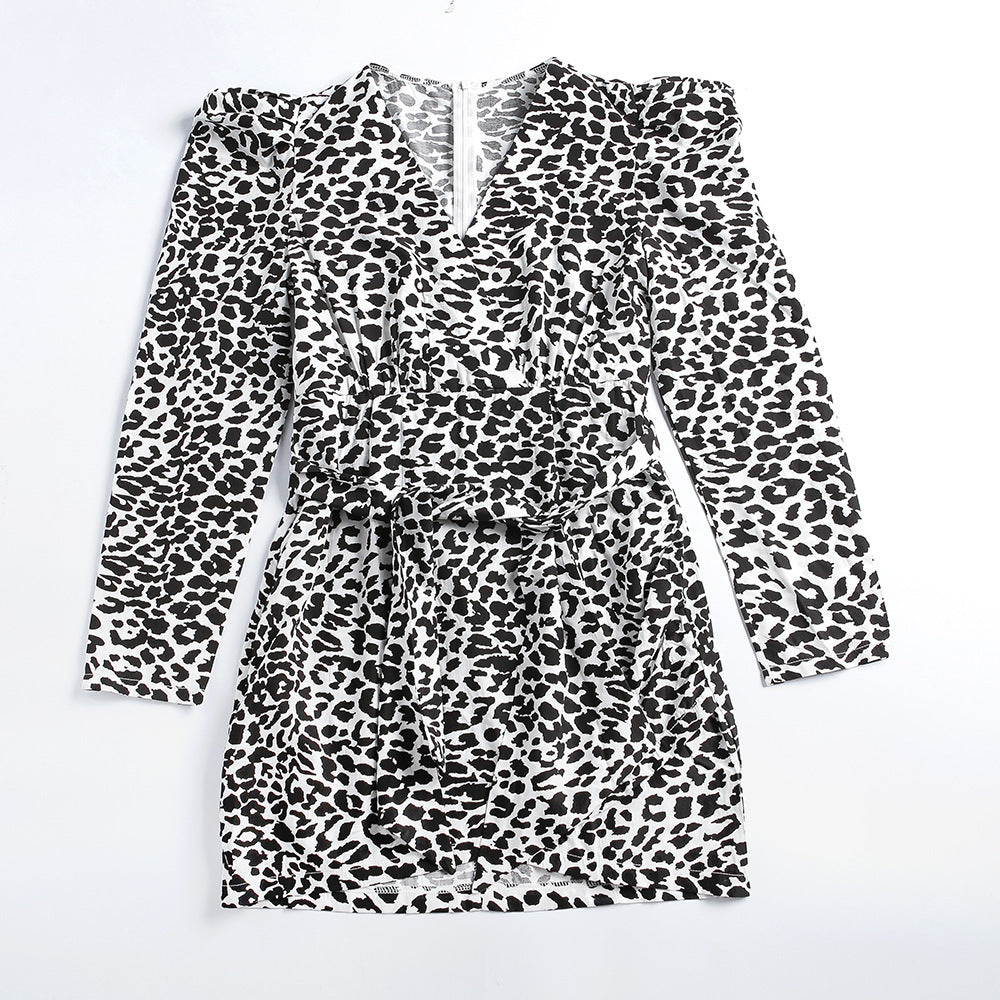Leopard-print deep V long sleeve lace dress