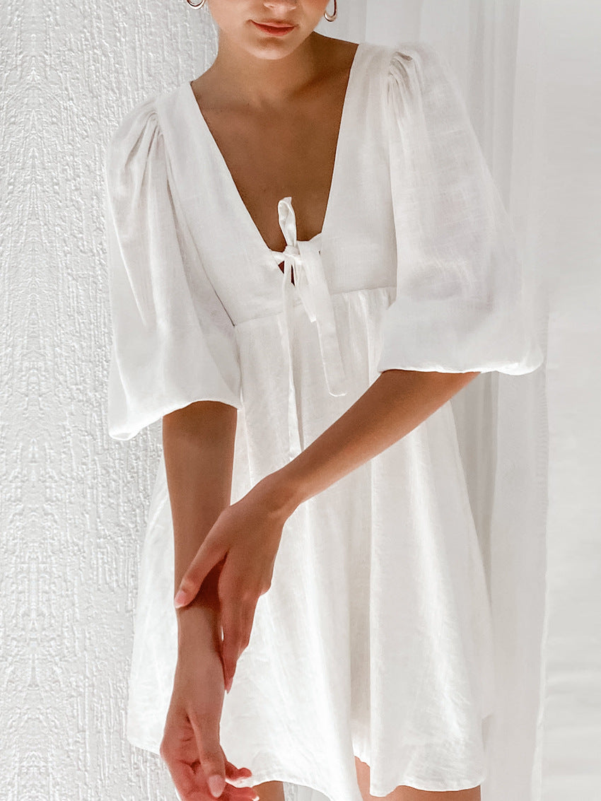 Women's Temperament Leisure Cotton Puff Sleeve Neckline Tied V-neck Dress